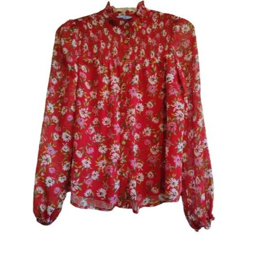 ​Draper James RSVP Floral Smocked Mock Neck Blouse - Red Daisy Print - Size XS